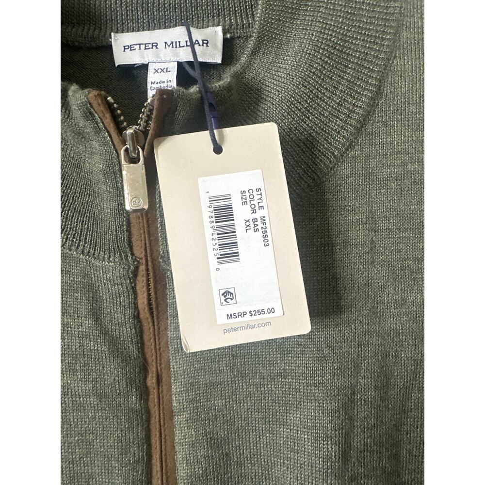 Peter Millar Autumn Crest Suede Trim Quarter-Zip in Basil color and size XXL D - Picture 2 of 4